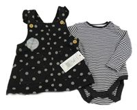 Nové - 2 set - bílo-černé pruhované body + černé puntíkaté plátěné laclové šaty F&F