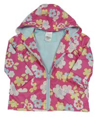 Růžovo-žlutá květovaná šusťáková jarní bunda s kapucí 