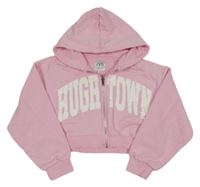 Světlerůžová propínací crop mikina s nápisem a kapucí ZARA