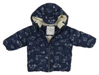 Tmavomodrá šusťáková zimní bunda se zvířátky a kapucí