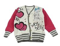 Bílo-růžovo-šedá propínací mikina s kočičkou a srdíčky 