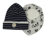 2set - Tmavomodro-bílá pruhovaná čepice + šedý slinták s Mickeym 