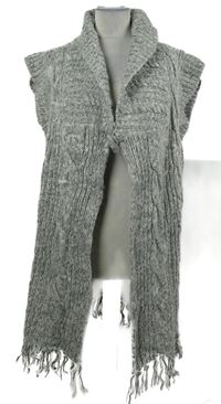 Dámská šedá melírovaná svetrová propínací vesta s třásněmi