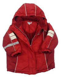 Červená šusťáková zimní bunda s proužky a kapucí 