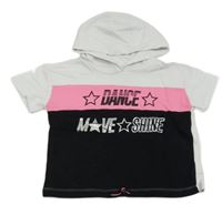 Bílo-neonově růžovo-černá mikina s nápisem a kapucí 