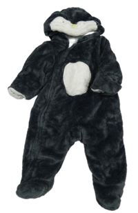 Antracitovo-bílá chlupatá zateplená kombinéza s kapucí - tučňák C&A