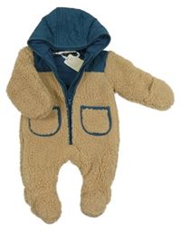 Nové - Béžovo-petrolejová huňato/šusťáková zateplená kombinéza s kapucí 