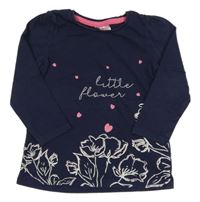 Tmavomodré triko s nápisem a kytičkami so cute
