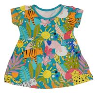 Tyrkysovo-barevná bavlněná šatová tunika se zvířátky a rostlinami