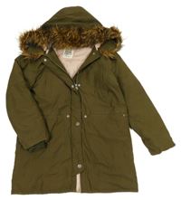 Khaki šusťáková zimní parka s kapucí s kožešinou ZARA