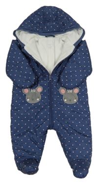 Tmavomodrá puntíkatá šusťáková zimní kombinéza s myškami a kapucí Bluezoo