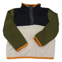Tamvomodro-khaki-smetanová fleecová mikina se stojáčkem