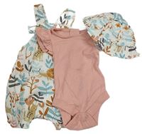 3set - Bílý plátěný kraťasový overal s květy + růžové body + klobouk M&S