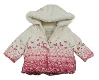 Bílo-růžová šusťáková zimní bunda s motýly a kapucí George 