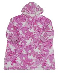 Růžovo-bílá vzorovaná chlupatá zateplená oversize mikina s kapucí Dunnes