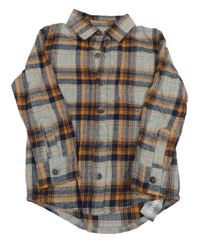 Nové - Šedo-oranžovo-tmavomodrá kostkovaná flanelová košile Dunnes
