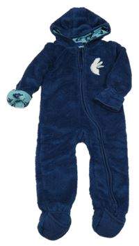 Tmavomodrá chlupatá podšitá kombinéza s medvědem a kapucí Lupilu