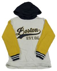 Bílo-žluto-tmavomodrá mikina s nápisem a kapucí Little kids