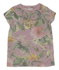 Růžovofialové tričko s květy a nápisem Next