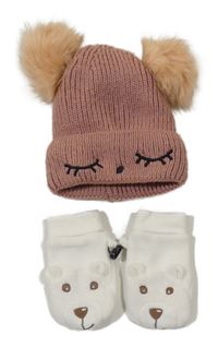 2set - Starorůžová pletená zateplená čepice + bílé fleecové rukavice s obličejen