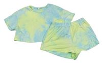 2set - Světlemodro-limetkové batikované teplákové crop tričko + kraťasy SHEIN