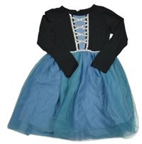 Černo-modro-modrozelené bavlněno/tylové šaty s tištěným šněrováním Tu