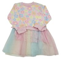 Světlerůžovo-barevné teplákovo/tylové šaty s květy 