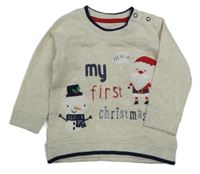 Světlešedá melírovaná slabá vánoční mikina se Santou a sněhuláčkem George