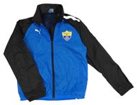 Cobaltově modro-černá kostkovaná šusťáková fotbalová bunda se znakem a ukrývací kapucí PUMA