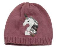 Starorůžová pletená čepice s jednorožcem z překlápěcích flitrů MANOR