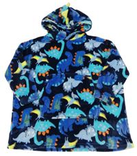 Tmavomodrá plyšová oversize dlouhá mikina s dinosaury a kapsou a kapucí Matalan