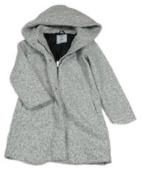 Šedo-bílý melírovaný flaušový podšitý kabát s kapucí 