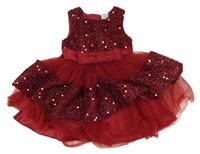 Tmavočervené tylovo/saténové slavnostní šaty s flitry a mašli