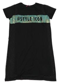 Černo-metalické síťované šaty s nápisem YD