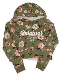 Khaki crop mikina s nápisy a kytičkami a motýlky a kapucí H&M