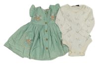 Nové - 2Set - Mentolové manšestrové propínací šaty s kytičkami a volánky + smetanové puntíkaté body Pearl Aparels
