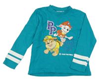 Modrozelené triko s PAW PATROL - Marshall a Rubble a pruhy nickelodeon