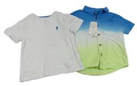 2set - Modro-bílo-zelenkavá ombré košile + bílé tričko s výšivkou F&F