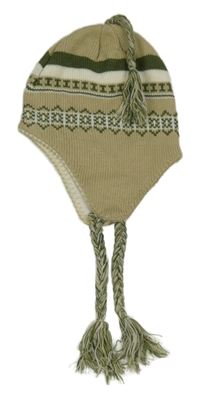 Béžová čepice se vzorem a třásněmi