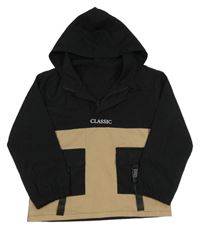 Černo-hnědá šusťáková bunda s kapsami a kapucí