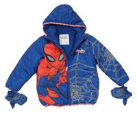 Modrá šusťáková zimní bunda se Spidermanem a kapucí + rukavice Nutmeg