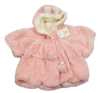 Růžovo-bílý chlupatý kabátek s kapucí 
