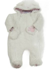 Bílá chlupatá zateplená kombinéza s kapucí + rukavice Jojo Maman Bébé