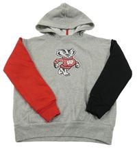 Šedo-červeno-černá mikina s potiskem a kapucí 