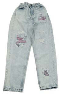 Světlemodré rifle s nápisy 