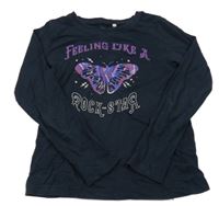 Tmavomodré triko s nápisem a motýlkem Name it