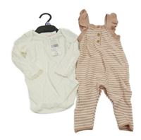 Nové - 2 set - bílé puntíkaté body + růžové pruhované laclové pletené kalhoty F&F