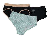 3x kalhotky - 2x černé + zelené puntíkaté 