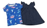 2 set - tmavomodrá puntíkatá tunika + modré tričko s obrázky 
