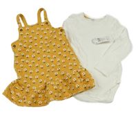 Nové - 2 set - okrové teplákové květované laclové tepláky + bílé body F&F